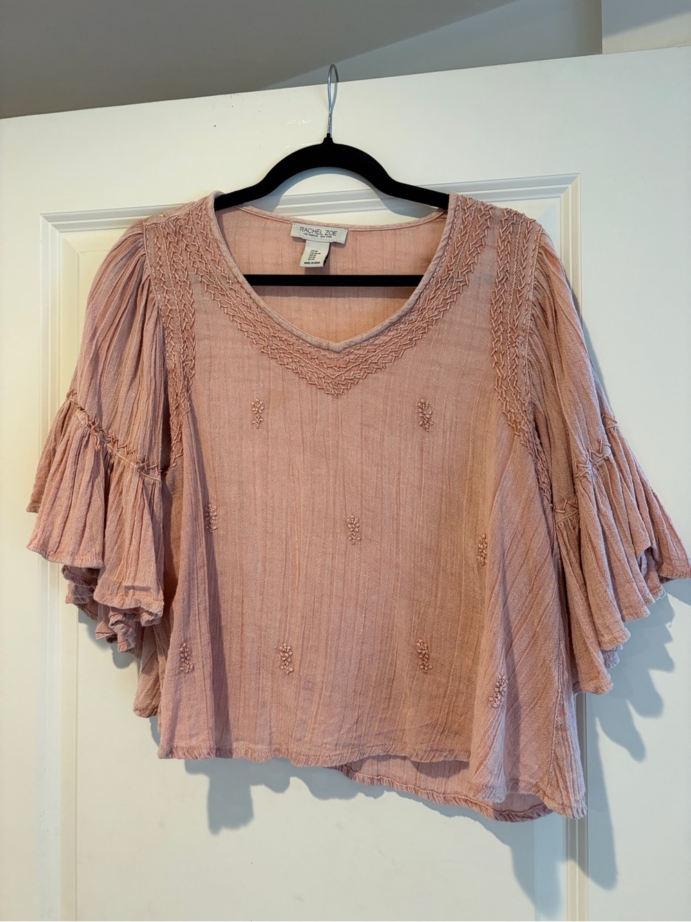 Rachel Zoe Dusty Pink/Clay Embroidered V-Neck Flutter Sleeve Blouse